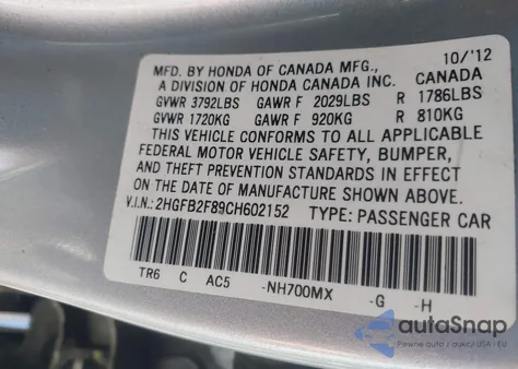 2012 Honda Civic Ex из США, поврежденный, VIN 2HGFB2F89CH602152